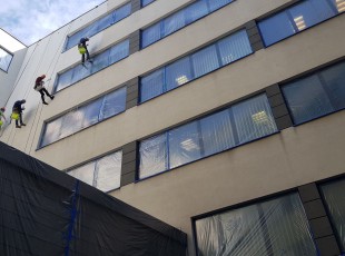 Pracownicy Alpineco myją okna budynku